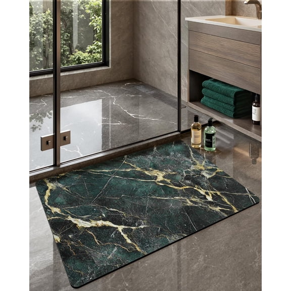 ILIPS Ultra Thin Bath Mat, Non Slip Quick Dry Rugs, 16"x24",Absorbent Marble Bath Rug,Washable Rubber Mat for Shower Floor,in Front of Bathtub,Bathroom Decor,Emerald Green Marble-Patterned