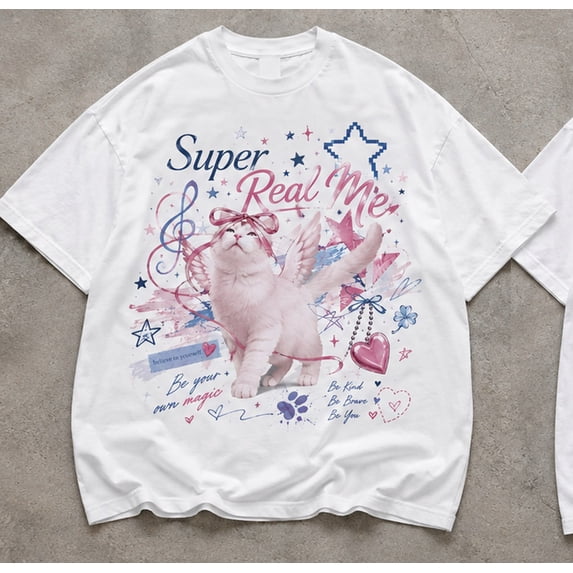ILLIT Super Real Me Cute Angel Cat Vintage 90s T-Shirt, Y2K Aesthetic Graphic Tee