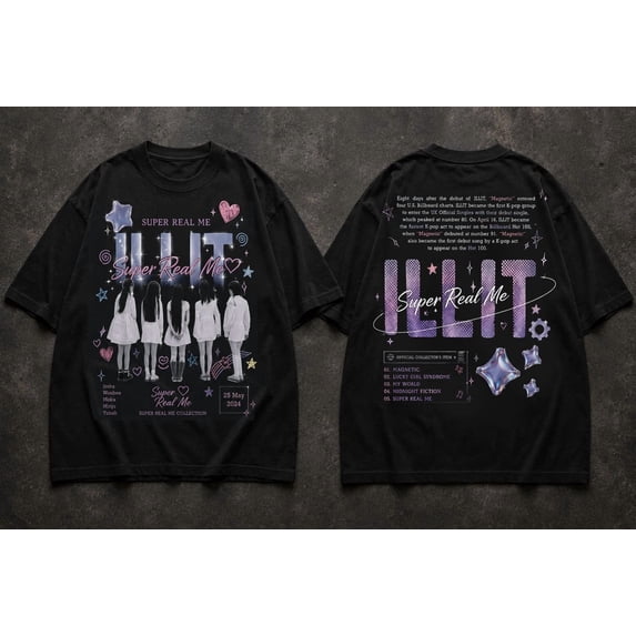 ILLIT Super Real Me K-Pop Graphic T-Shirt - Y2K Aesthetic Magnetic Tracklist Fan Merch Tee