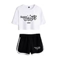 thumbnail image 1 of ILLIT merch  Super Real Me  tshirt sets for women midriff-baring fitted crop sets gym sets streetwear short pants, 1 of 9
