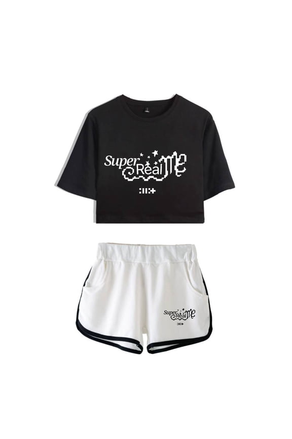 ILLIT merch Super Real Me tshirt sets for women midriff-baring fitted crop sets gym sets streetwear short pants