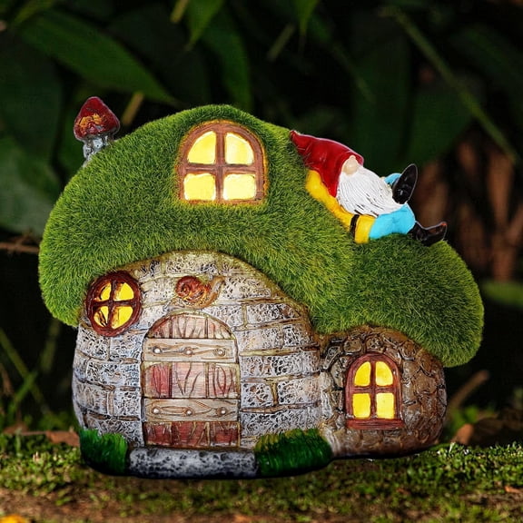 House Garden Statues with Solar Lights, LED Cute Flocked Fairy House with Gnomes Garden Figurine, Outdoor Patio Yard Lawn Decorations Gift