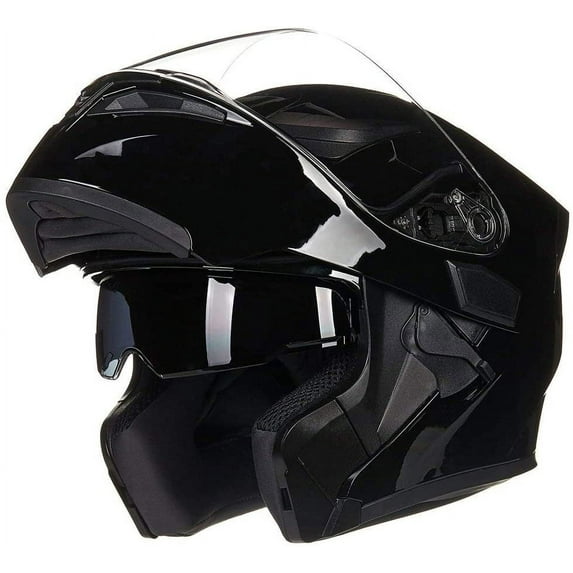 ILM Motorcycle Dual Visor Flip up Modular Full Face Helmet DOT 6 Colors (L, Gloss Black)