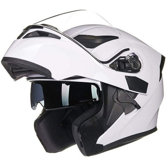 ILM Motorcycle Dual Visor Flip up Modular Full Face Helmet DOT 6 Colors (XL, White)