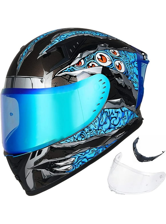 Motorcycle Helmet Full Face with Pinlock Compatible Clear&Tinted Visors and Fins Street Bike Motocross Casco DOT(Manta Blue, X-Large)