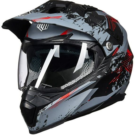 ILM Off Road Motorcycle Dual Sport Helmet Full Face Sun Visor Dirt Bike ATV Motocross Casco DOT Certified (XL, Grey Red)