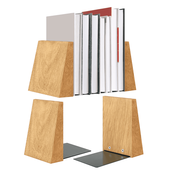 ILOT Book Ends for Office Accessories - 2 Pairs Handmade 100% Solid Wood Decorative Bookends with Metal Base - Heavy Duty Non-Skid Shelf Organizer for Books
