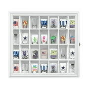 ILOT Shot Glass Display Cabinet Solid Wood - Large Display Case for Collectibles | Man Cave Accessories | UV Protection Acrylic Door | Wall Mounted White Shadow Box | 28 Divided Slots | 18 x 16