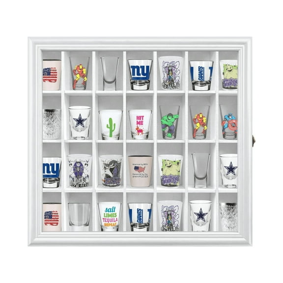 ILOT Shot Glass Display Cabinet Solid Wood - Large Display Case for Collectibles | Man Cave Accessories | UV Protection Acrylic Door | Wall Mounted White Shadow Box | 28 Divided Slots | 18" x 16"