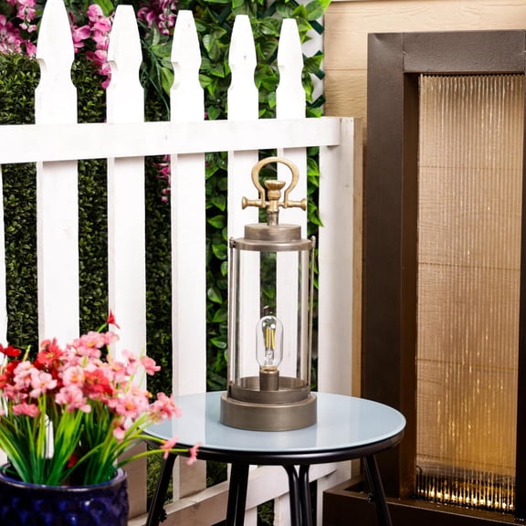 ILT100HH-L-GD, Vintage Metal & Glass Lantern w/Warm LED Light & Timer, LED Home Decor, Large, 17''H, Gold