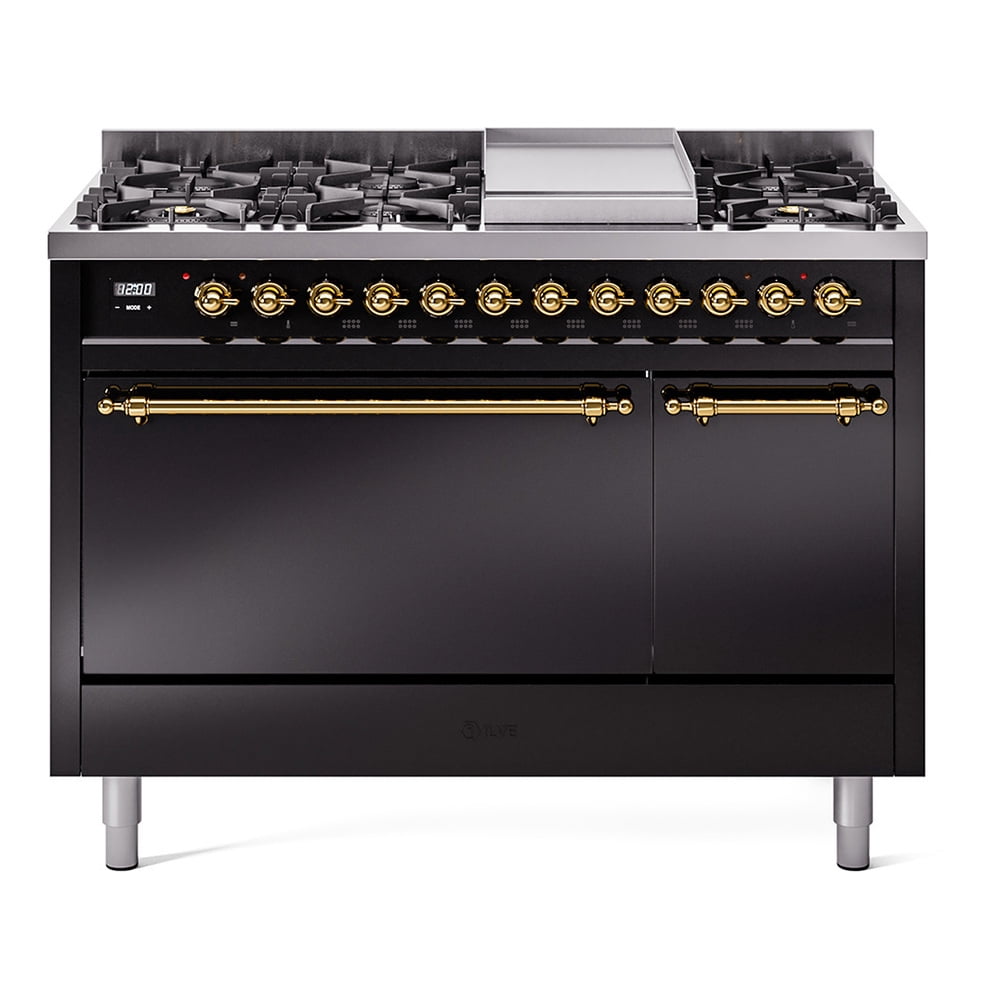 ILVE ILVE Nostalgie II 48 UP48FQNMPBKG Freestanding Dual Fuel Range with 8 Sealed Burners Yes Double Oven with Solid Door in Glossy Black with Brass knobs - UP48FQNMPBKG