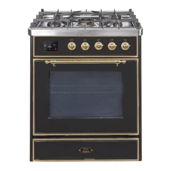 ILVE Majestic II 30" NG Glass Door Modern Metal Range in Glossy Black/Brass
