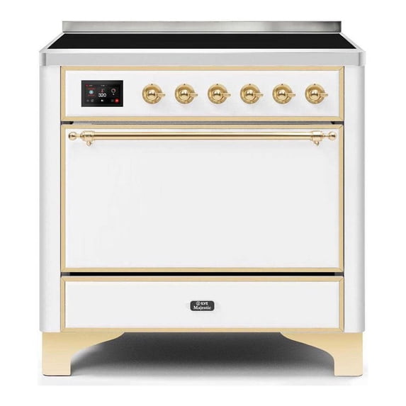 ILVE Majestic II 36" Electric Solid Door Modern Metal Range in White/Brass