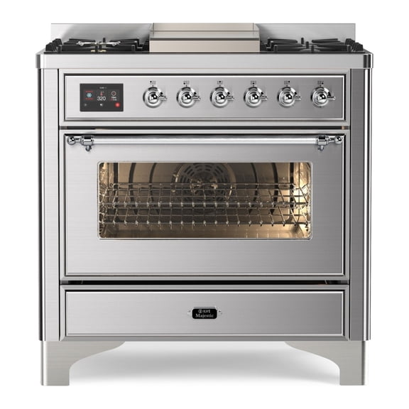 ILVE Majestic II 36 Inch Dual Fuel Natural Gas Freestanding Range in Stainless Steel with Chrome Trim - UM09FDNS3SSC