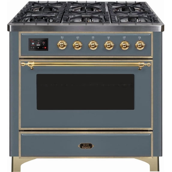 ILVE Majestic II 36" LP Glass Door/Griddle Modern Metal Range in Blue Gray/Brass