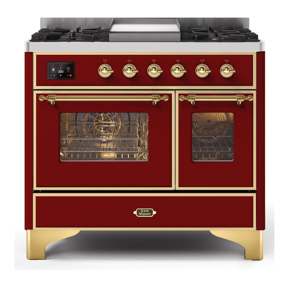 ILVE Majestic II 40 Inch Dual Fuel Natural Gas Freestanding Range in Burgundy with Brass Trim - UMD10FDNS3BUG