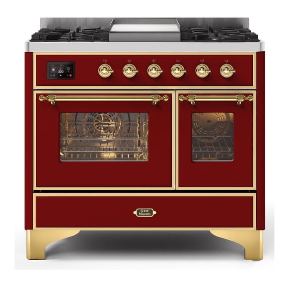 ILVE Majestic II 40 Inch Dual Fuel Natural Gas Freestanding Range in Burgundy with Brass Trim - UMD10FDNS3BUG