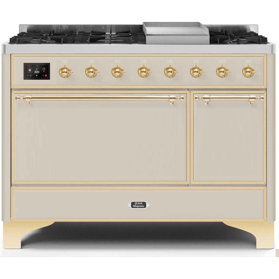 ILVE Majestic II 48" NG Solid Door/Griddle Metal Range in Antique White/Brass