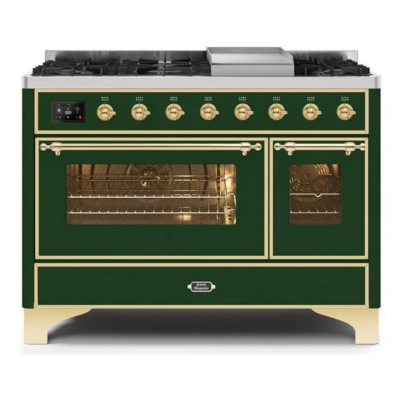 ILVE Majestic II 48" NG Glass Door/Griddle Metal Range in Emerald Green/Brass