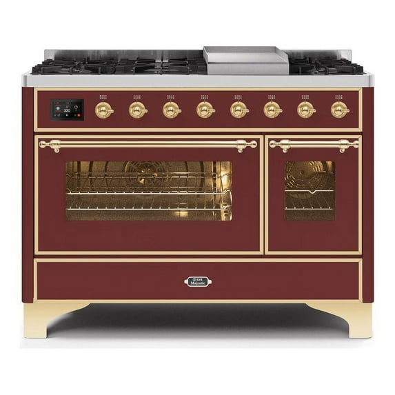 ILVE Majestic II 48" NG Glass Door/Griddle Modern Metal Range in Burgundy/Brass