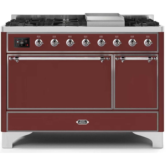 ILVE Majestic II 48" NG Solid Door/Griddle Modern Metal Range in Burgundy/Chrome