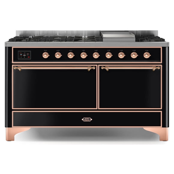ILVE Majestic II 60 Inch Dual Fuel Natural Gas Gas Freestanding Range in Glossy Black with Copper Trim - UM15FDQNS3BKP