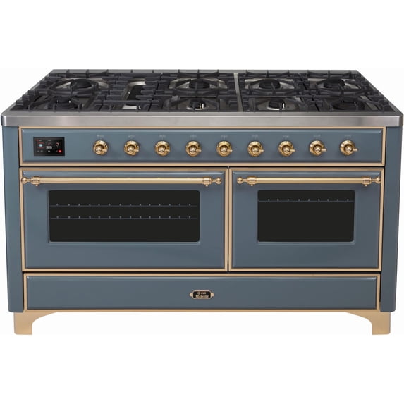 ILVE Majestic II 60" NG Glass Door/Griddle Modern Metal Range in Blue Gray/Brass