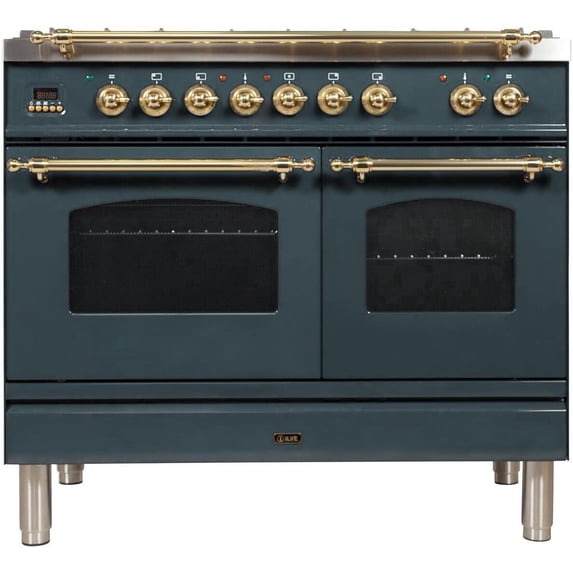 ILVE Nostalgie 40" LP Metal Double Oven Dual Fuel Range in Blue Gray/Brass
