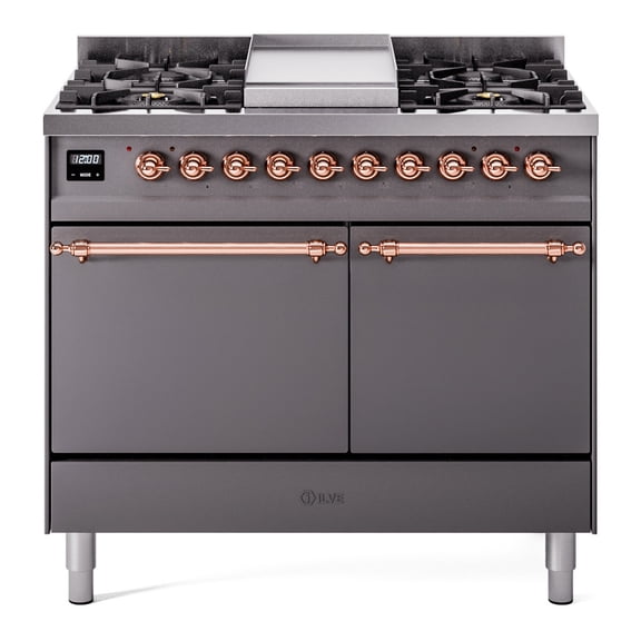 ILVE Nostalgie II 40 Inch Dual Fuel Liquid Propane Freestanding Range in Matte Graphite with Copper Trim - UPD40FQNMPMGPLP