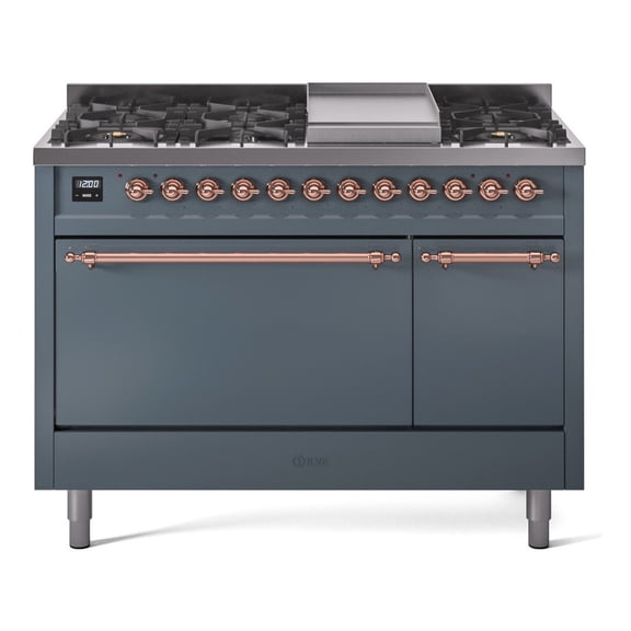 ILVE Nostalgie II 48 Inch Dual Fuel Liquid Propane Freestanding Range in Blue Grey with Copper Trim - UP48FQNMPBGPLP