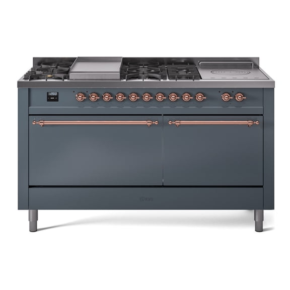 ILVE Nostalgie II 60 Inch Dual Fuel Liquid Propane Freestanding Range in Blue Grey with Copper Trim - UP60FSQNMPBGPLP