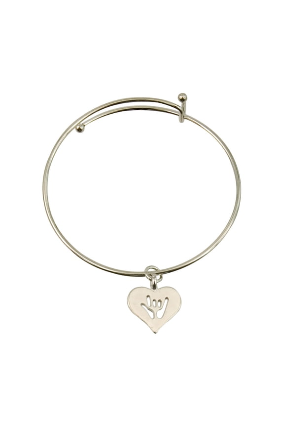 ILY Heart Charm Bangle- Silver