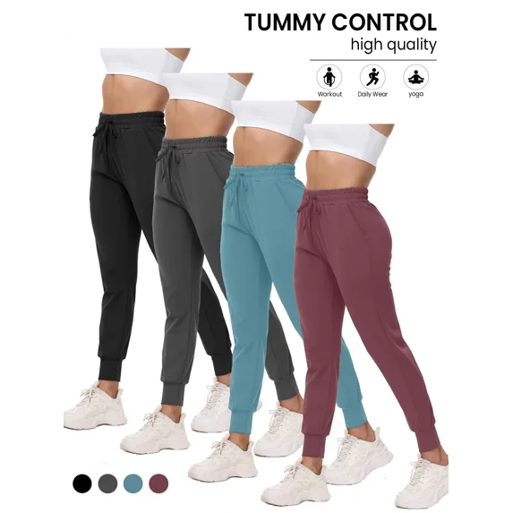 ILYSS 4 Pack Joggers for Women with Pockets - Womens Sweatpants Lightweight Yoga Lounge Pants for Athletic Workout Gym Running