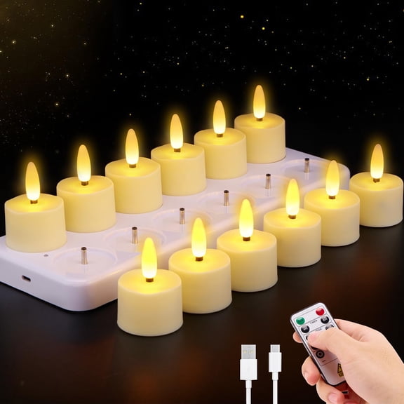 IMAGE 12-Pack Rechargeable Flameless Tea Lights with Charging Base Remote & Timer, Realistic 3D Flickering LED Candles for Home Decor, Weddings, Halloween and Christmas(1.53" x 2.17")