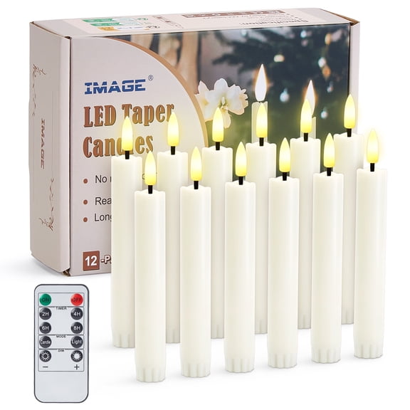 IMAGE 12 Pcs Taper Candles 3D Wick Ivory Taper Flameless Candles with Remote