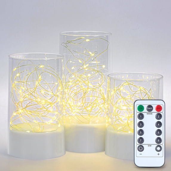 IMAGE 3PCS Acrylic Shell Pillar LED Battery Operated Candles With 13-Key Remote Timer for Home, Wedding & Party Decor, Clear