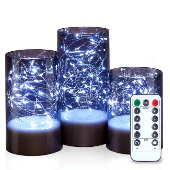 IMAGE 3PCS Acrylic Shell Pillar LED Battery Operated Candles With 13-Key Remote Timer for Home, Wedding & Party Decor, Grey