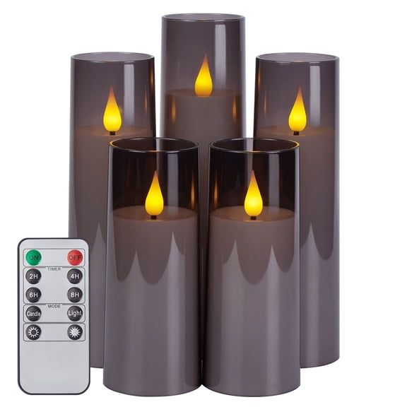 IMAGE 5Pcs Flickering Flameless Candles Acrylic Shell Pillar 3D Wick LED Candles With Timer For Wedding Christmas Home Decor, Grey