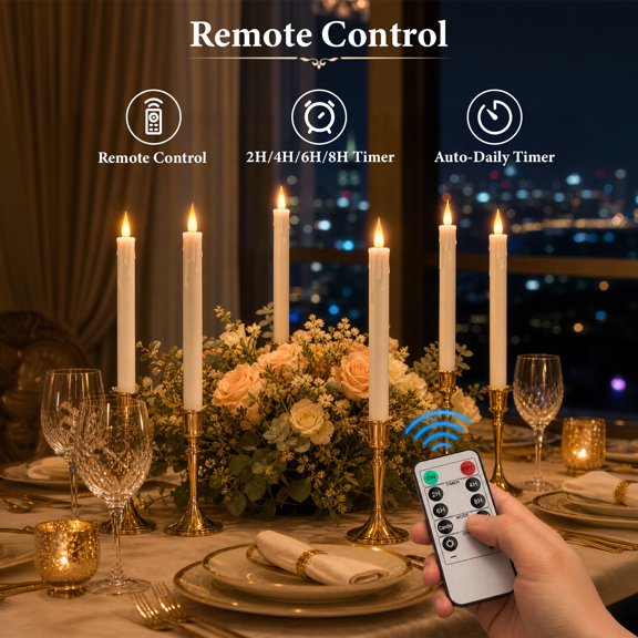 IMAGE 6 Pack 10 Inch Rechargeable Flameless Candles with Remote Control & Timer for Wedding Home Outdoor Holiday