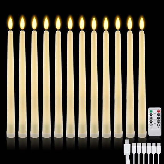 IMAGE Rechargeable Flameless Taper Candles with Remote, 12 Pcs LED Candlesticks 3D Wick Ivory Taper with Timer Flickering Function for Home, Wedding, Birthday Halloween Christmas Church, Warm White