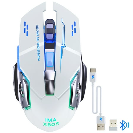 IMAXBOS Bluetooth Wireless Mouse (BT5.2 + 2.4GHz), USB-C Rechargeable, LED Lighting, USB Receiver & Type-C Charging Port – Compatible with Laptop/PC/Mac, White