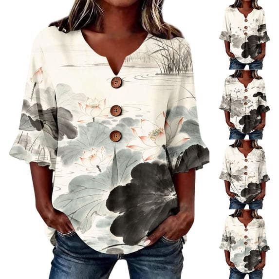 IMENGL Button Down Shirt for Women Casual Outfits Art Print V Neck 3/4 Sleeve Decor Fit Top Summer Retro Loose Basic Women's Blouses,M-XXXL