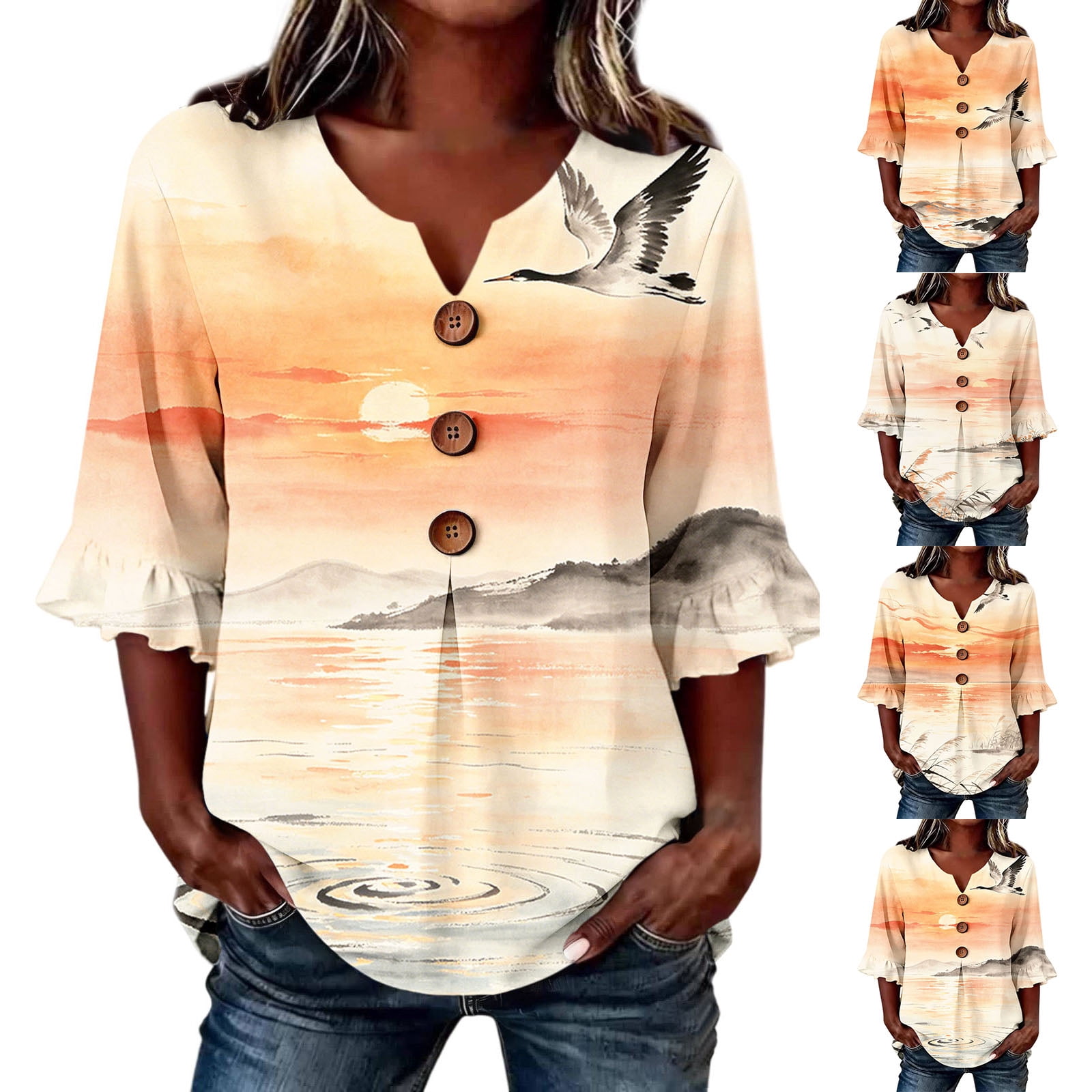 IMENGL Button Down Shirt for Women Casual Outfits Art Print V Neck 3/4 ...