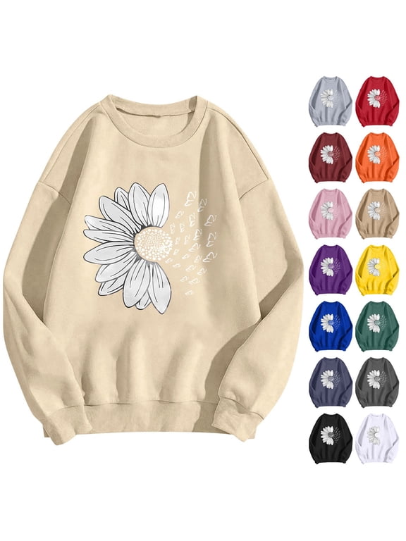 Casual Crewneck Sweatshirt for Womens Pullover Back To School Opening Season Sunflower Print Long Sleeve Hoodless Loose Fit Women's Oversized Sweatshirts,S-XXL