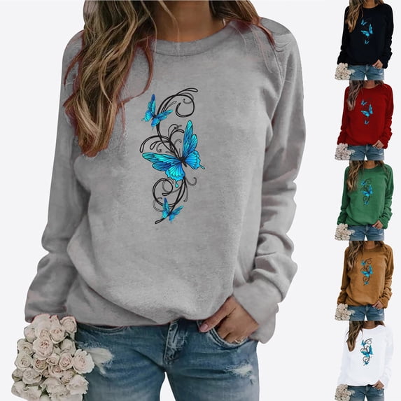 IMENGL Casual Crewneck Sweatshirt for Womens Hoodless Butterfly Print Fashion Top Loose Fit Pullover Women's Oversized Sweatshirts,S-3XL