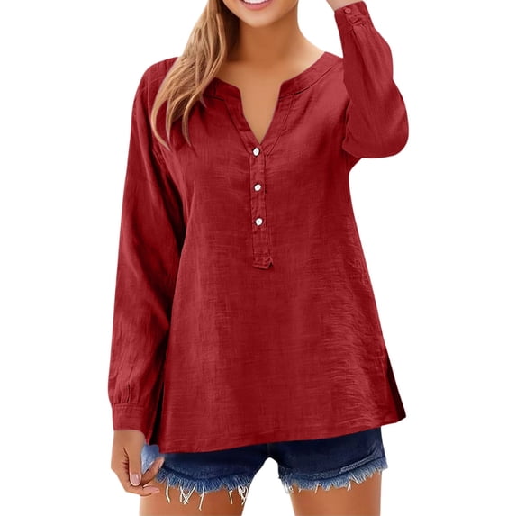 IMENGL Linen Shirts For Women 2026 Buttons V Neck Cloths Long Sleeve Pockets Tshirt Trendy Blouses Casual Tops Red M