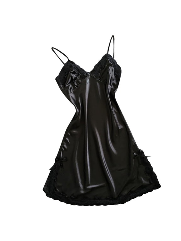 Lingerie for Women Babydoll Satin Bowknot Lace V Neck Sleepdress Charming Nightdress Women's Underwear,Black