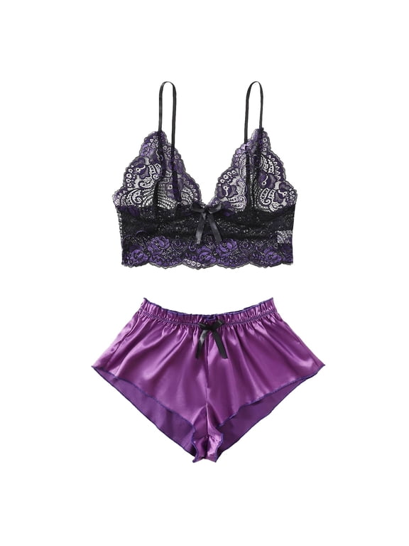 Lingerie for Women Babydoll Satin Silk Pajamas Lace Sleepwear Printing Charming Nightdress Women's Underwear,Purple