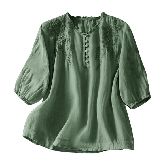 IMENGL Long Sleeve Shirts for Women Casual Cotton Linen Button Short Summer Loose Neck Embroidered Blouse Soft T-Shirt Women's Basic Tee Long Sleeve Tops,Green