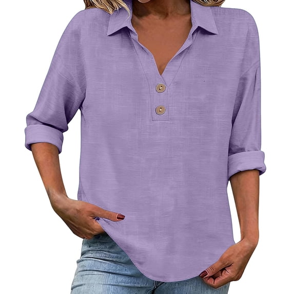 IMENGL Long Sleeve Shirts for Women Casual Linen 2026 Loose Fit V Neck Button Down Cute Solid Summer Beach T-Shirt Soft Women's Basic Tee Long Sleeve Tops,Purple